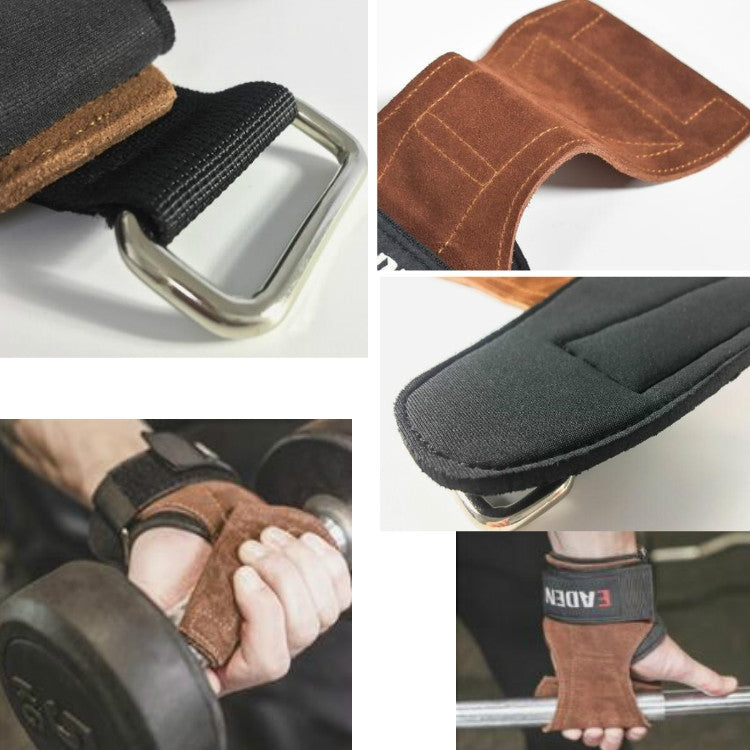 Close-up of brown suede padding and black strap with metal buckle and reinforced stitching