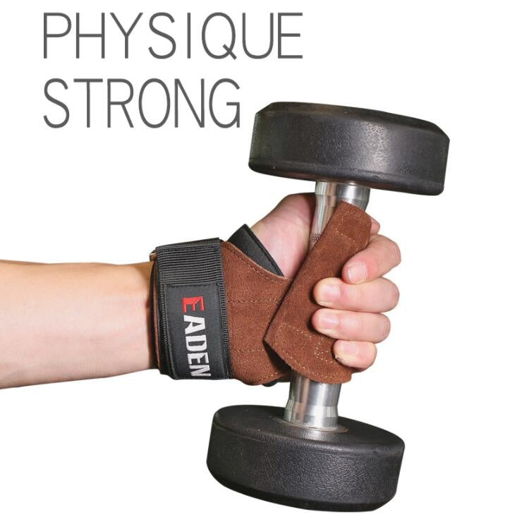 Brown suede wrist assist gloves with black strap on a hand holding a weight handle