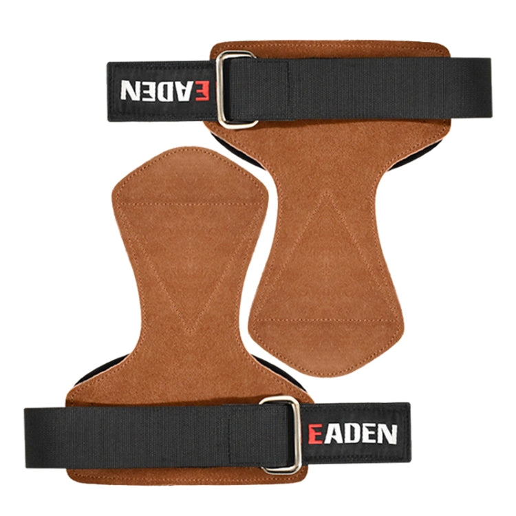 Brown suede wrist braces with black webbing cuff and metal buckle for pull-ups