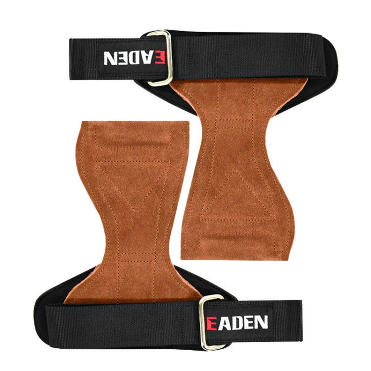 Brown suede wrist braces with black webbing cuff and EADEN logo strap