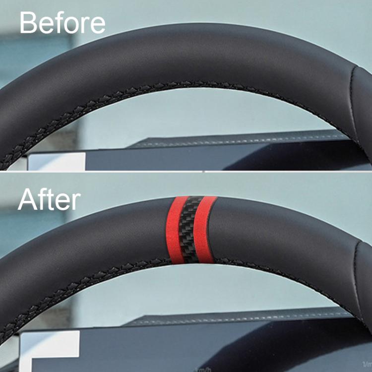 Steering wheel centering sticker with two red accent stripes on leather rim