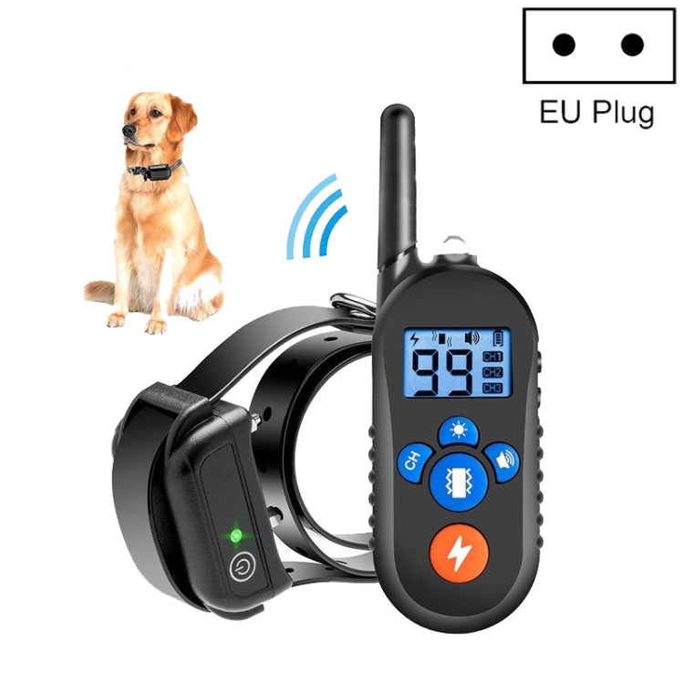 Dog wearing black remote training collar with handheld LCD controller