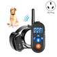 Dog wearing black remote training collar with handheld LCD controller and buttons