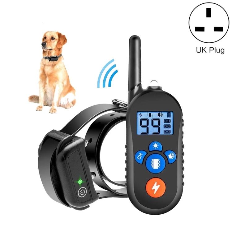 Dog wearing black remote training collar with handheld LCD controller and vibration dial