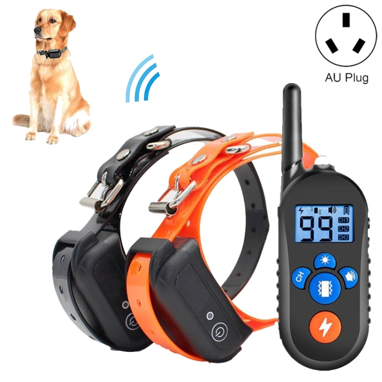 Orange remote dog training collar with black receiver unit and handheld LCD controller