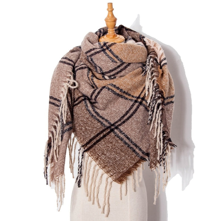 Plaid fringed scarf in brown and beige with dark navy check and tassels