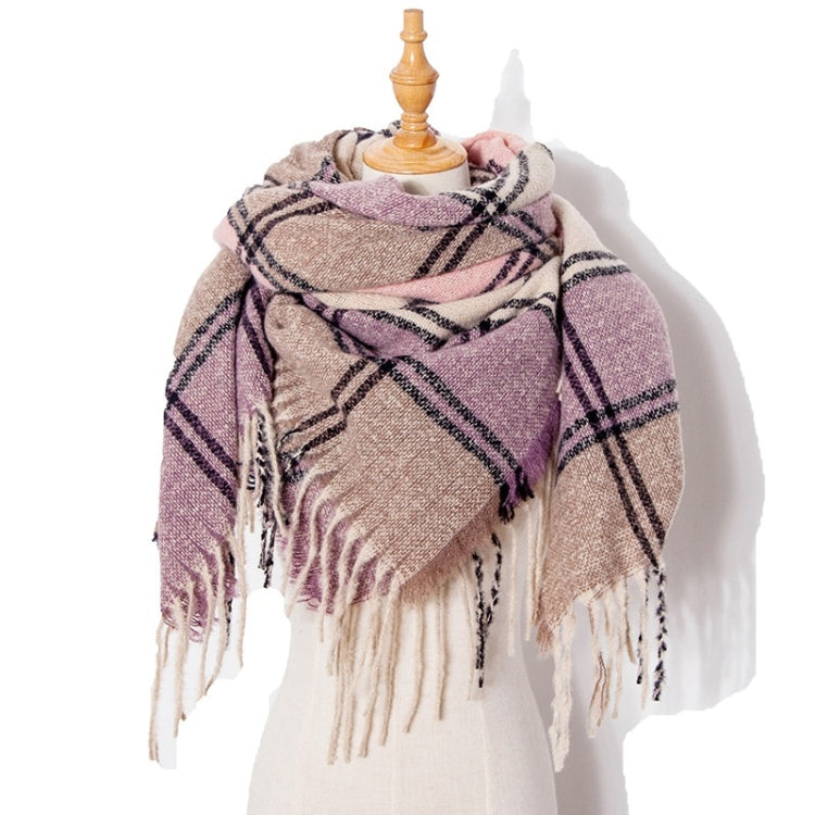 Plaid fringed scarf in mauve and beige with dark check lines and tassels
