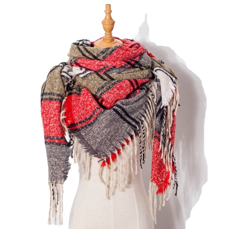 Plaid fringed scarf in red, gray, and black with white fringe tassels