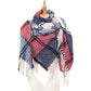 Plaid fringed scarf in navy, cream, and red with dark check lines