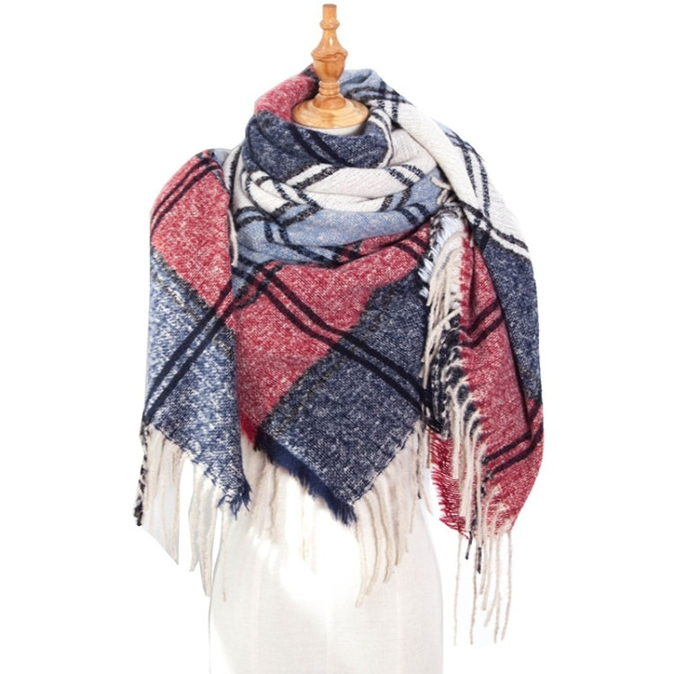 Plaid fringed scarf in navy, cream, and red with dark check lines