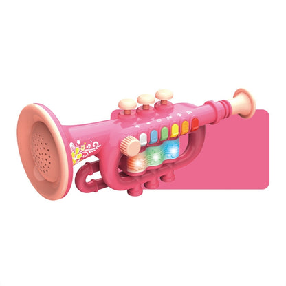 Pink toy trumpet with speaker mouthpiece and colored button panel, child musical instrument