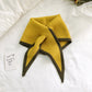 Two-color knitted wool mini triangle scarf, mustard yellow with dark olive trim and pointed ends