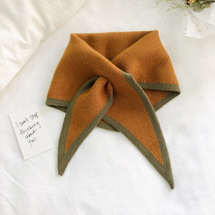 Two-color knitted wool mini triangle scarf, rust orange with olive green trim and pointed ends