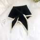 Two-color knitted wool mini triangle scarf, black with cream trim and pointed ends