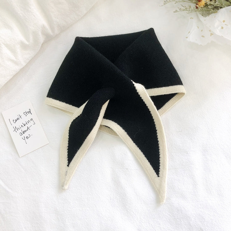 Two-color knitted wool mini triangle scarf, black with cream trim and pointed ends