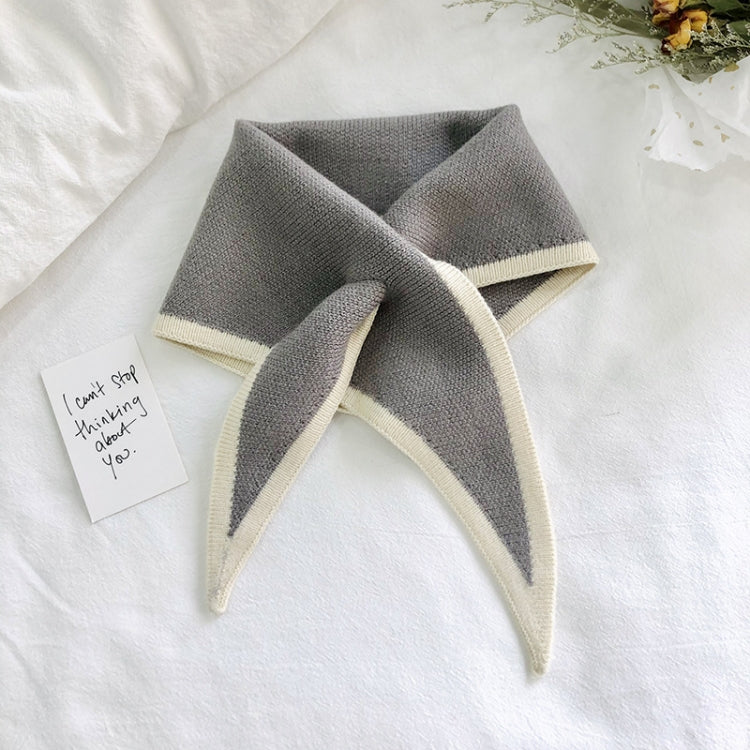Two-color knitted wool mini triangle scarf, heather gray with cream trim and pointed ends