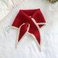 Two-color knitted wool mini triangle scarf, red with cream trim and pointed ends