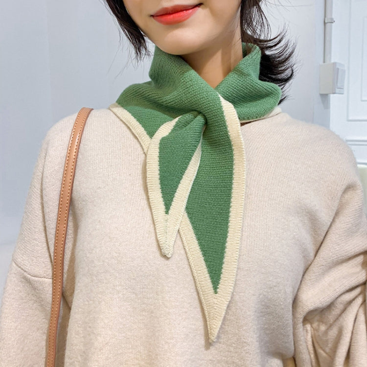 Green and cream knitted wool triangle scarf with white striped edge detail