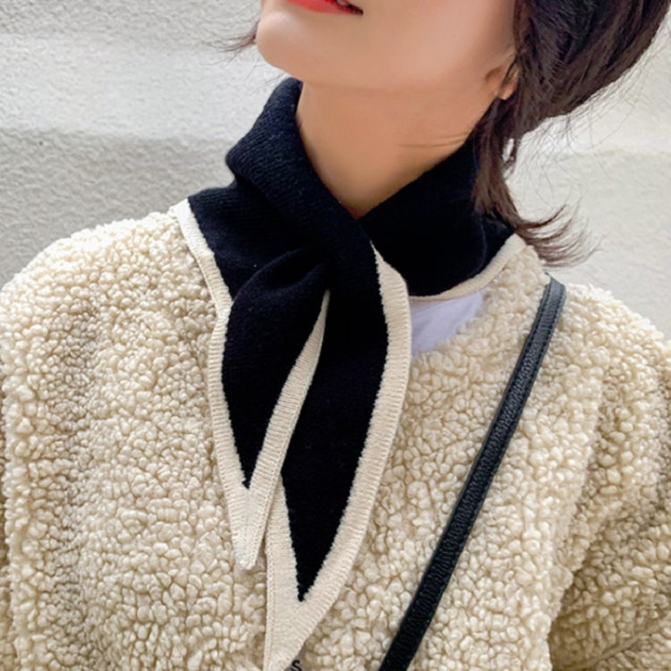 Black and cream knitted wool triangle scarf with bold contrast striped border