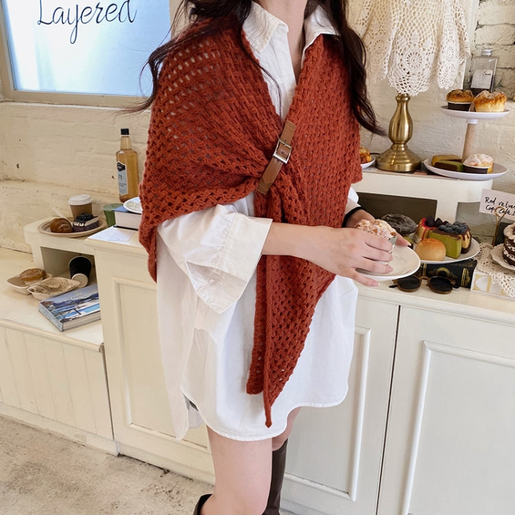 Rust orange knitted triangle shawl scarf with leather buckle strap