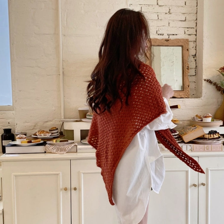 Rust orange knitted triangle shawl scarf with leather buckle strap