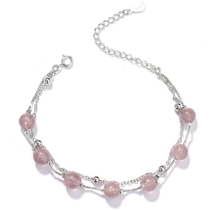 Silver bracelet with double rows of pink round crystal beads and lobster clasp