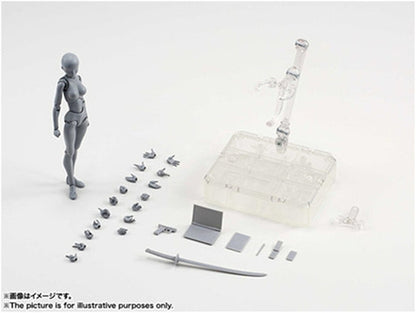 Grey PVC articulated action figure with clear display base and accessory parts
