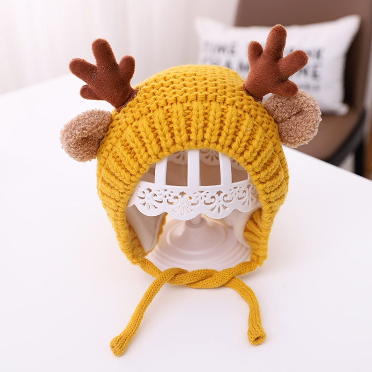Yellow baby knitted antler hat with pom-pom ears and tie strings, around 46–48 cm