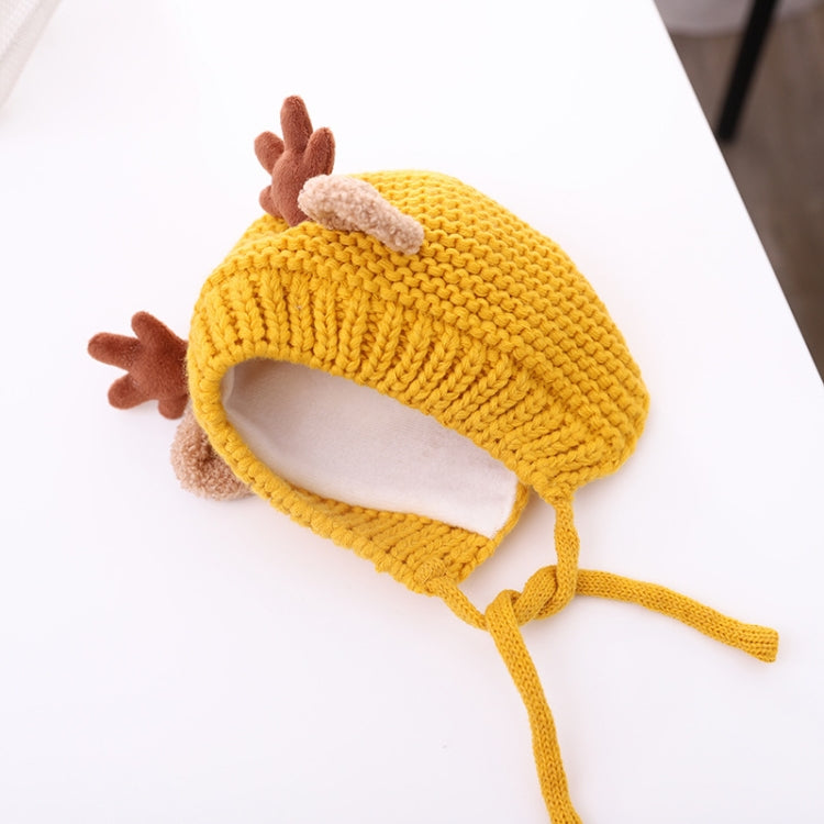 Yellow baby knitted antler hat with brown pom-pom ears and tie strings