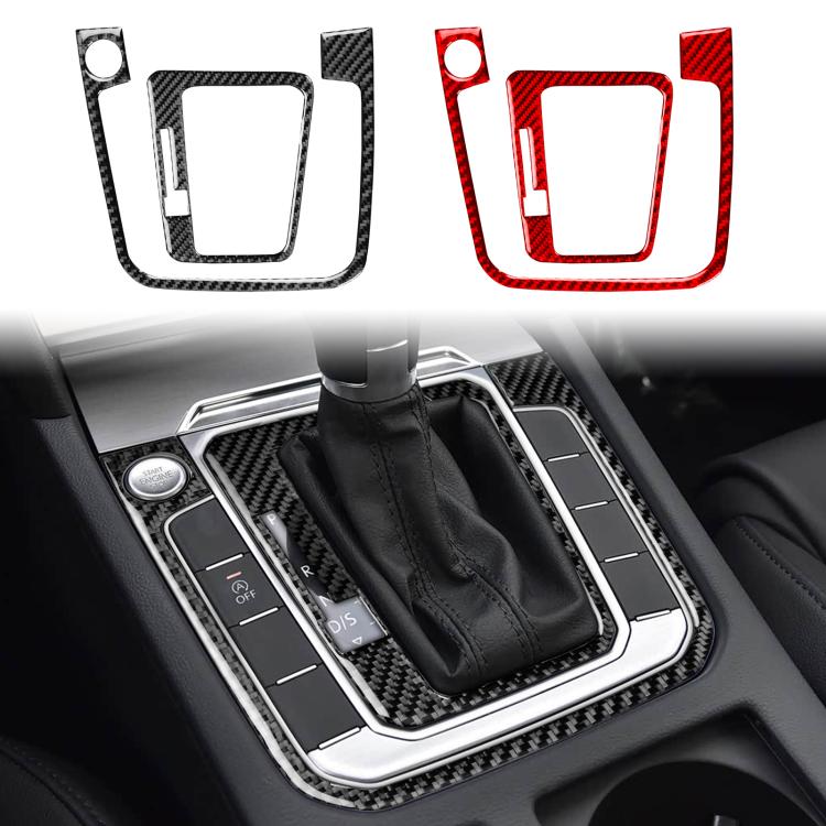 Two-piece gear shift trim stickers with carbon-fiber texture, black and red color options.