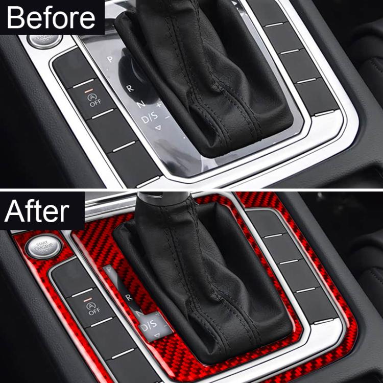 Red carbon-fiber style gear shift trim stickers installed around the gear selector area.