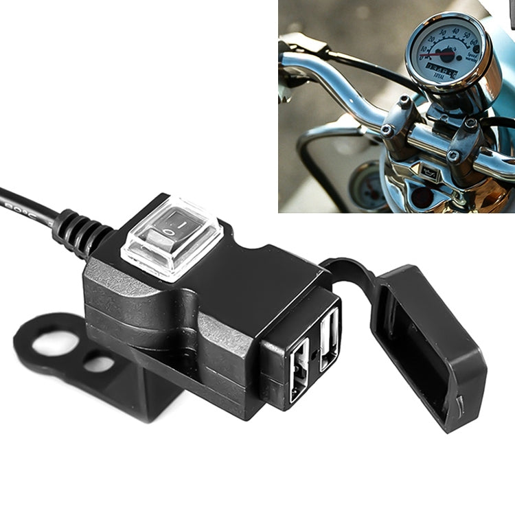 Black dual USB handlebar power charger adapter with rocker switch and mounting bracket