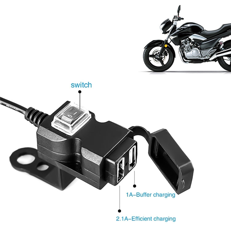 Dual USB motorcycle handlebar charger with rocker switch and compact mounting base