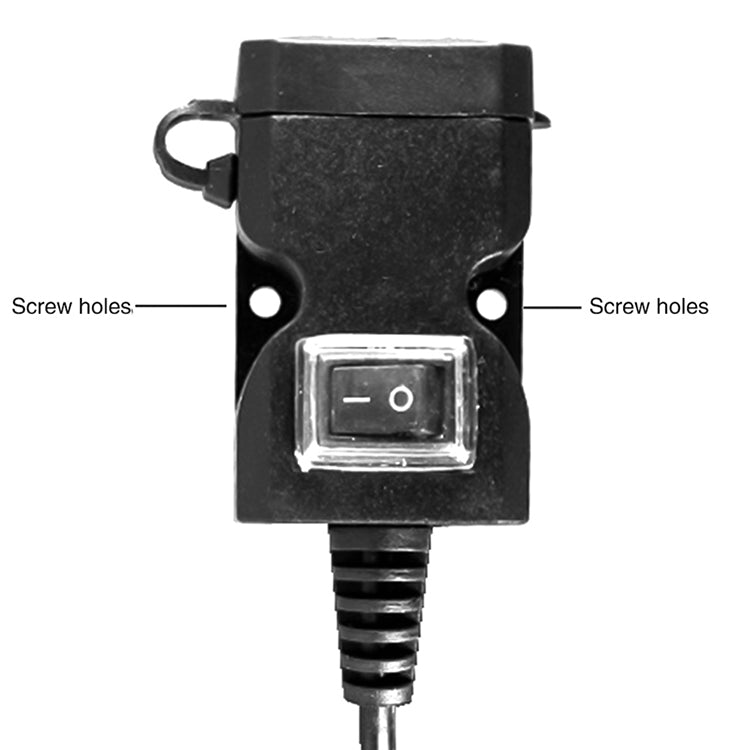 Black dual USB charger module with illuminated rocker power switch and screw holes