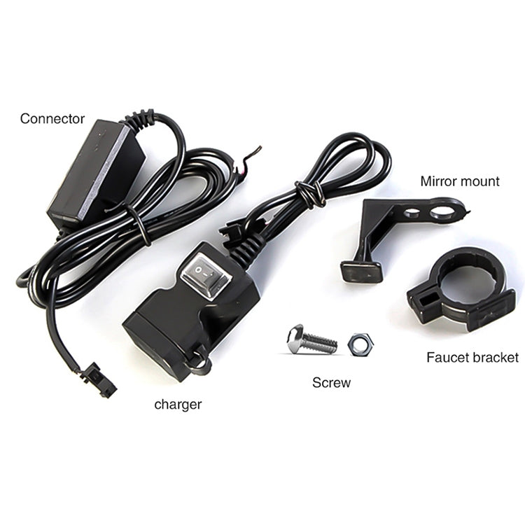 Dual USB motorcycle charger kit with cables, mirror mount bracket, and mounting hardware