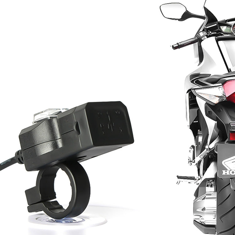 Black dual USB handlebar charger mounted on a clamp ring for motorcycle handlebars