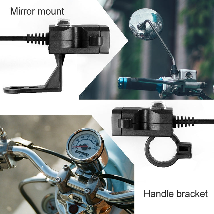 Black dual USB handlebar charger with mirror-mount and handle bracket components