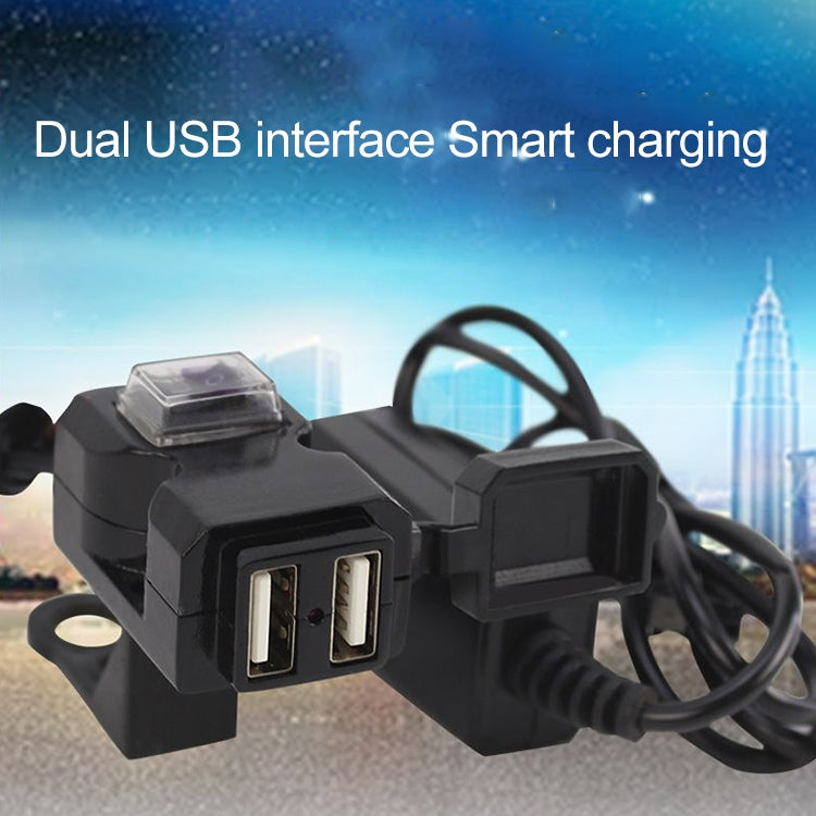 Black dual USB handlebar charger with two front USB ports for phone charging