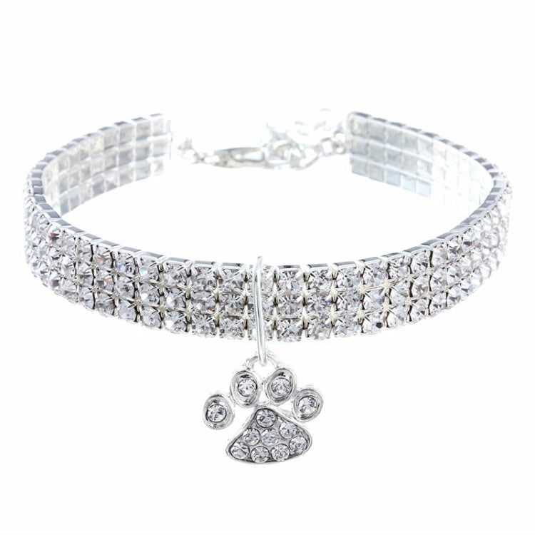 White rhinestone elastic pet collar with paw charm and silver chain clasp