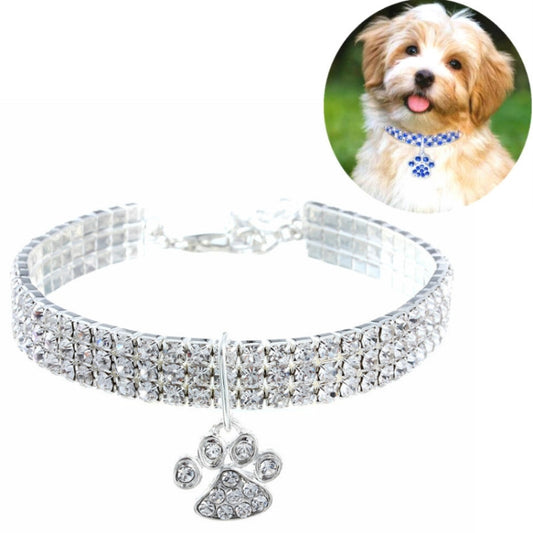 White rhinestone elastic pet collar with silver chain and paw-shaped charm pendant