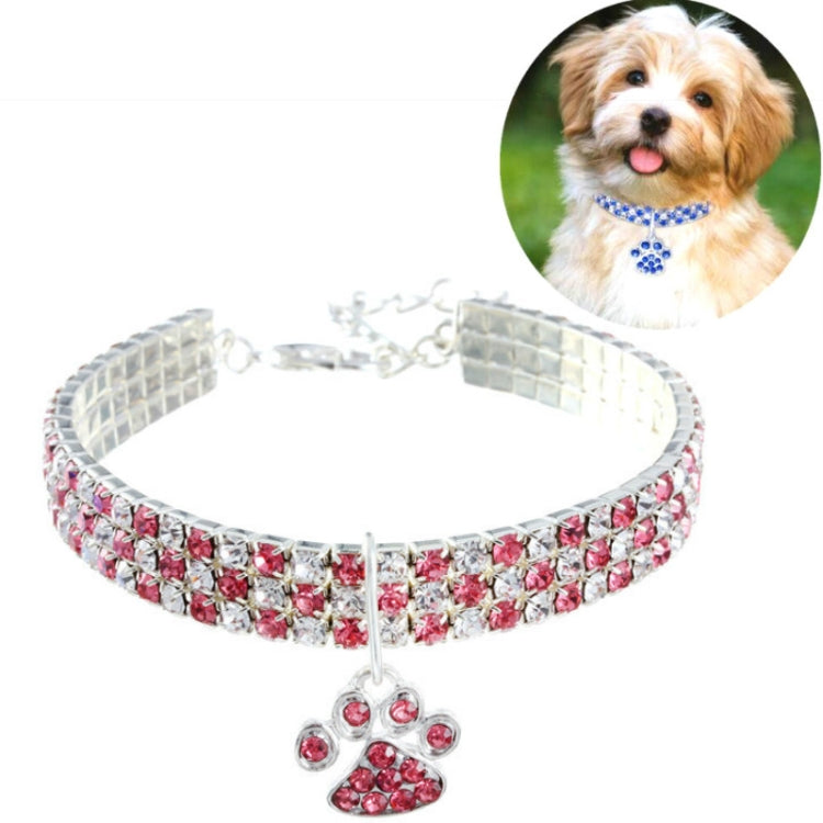 Pink rhinestone elastic pet collar with paw charm pendant and silver chain clasp