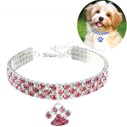 Pink rhinestone elastic pet collar with paw charm pendant and silver chain clasp