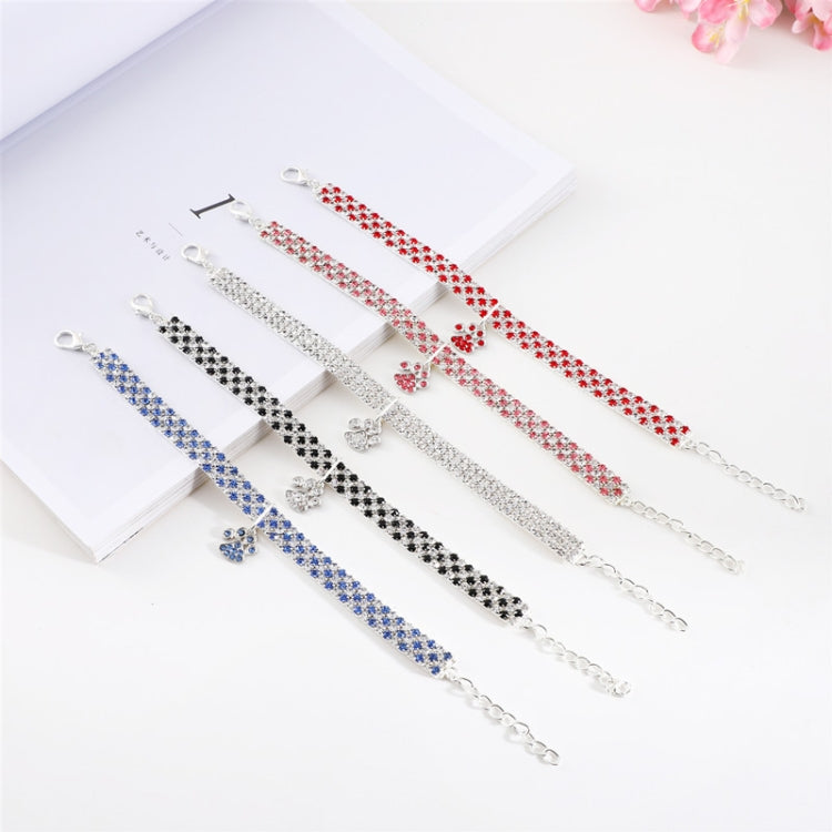 Rhinestone pet collar chain set with paw charms in red, blue, and silver