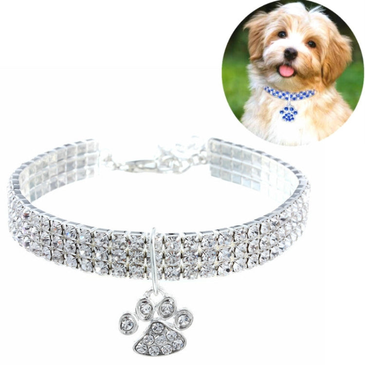 White rhinestone elastic pet collar with paw charm and silver chain links