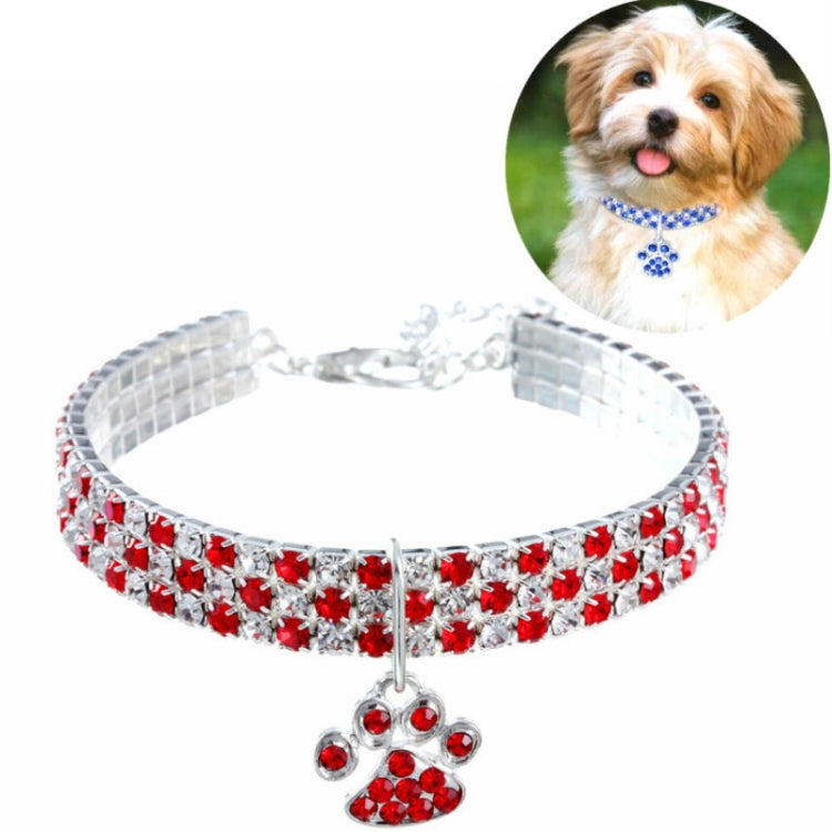 Red rhinestone elastic pet collar with paw charm pendant and silver chain links