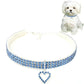 Blue rhinestone elastic pet collar with heart charm and center clasp, adjustable stretch fit