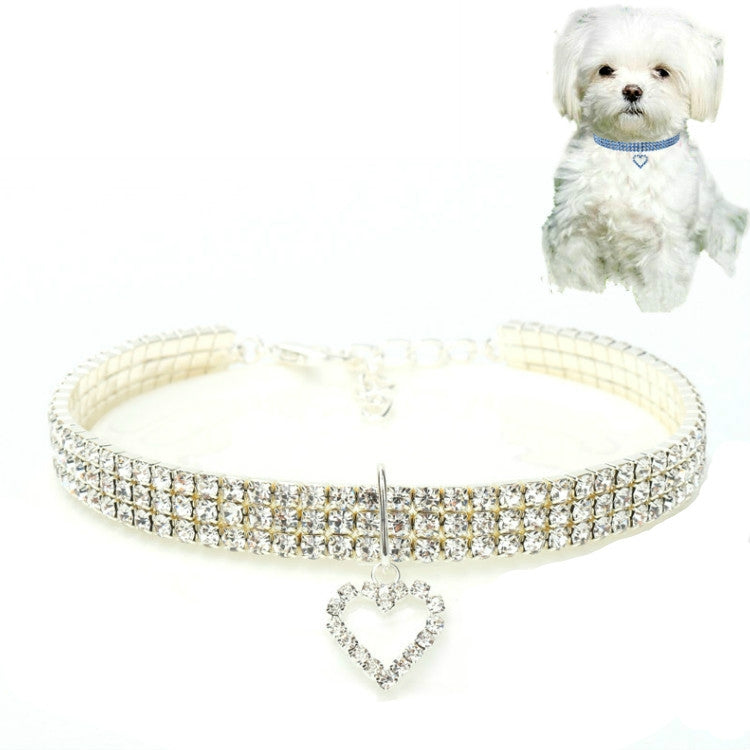 White rhinestone elastic pet collar with heart charm and center clasp, adjustable stretch fit