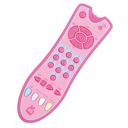 Pink music TV remote control toy with raised button keypad and circular speaker icons