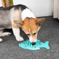 Blue silicone slow food mat with fish-shaped anti-choke sections for cats and dogs