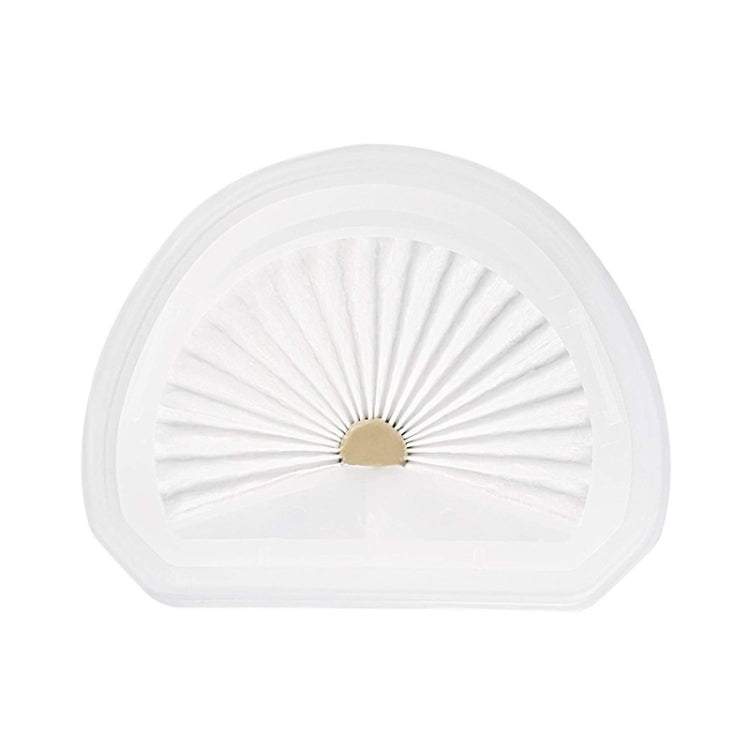 Vacuum cleaner filter, white pleated mesh with tan center, rounded triangular housing